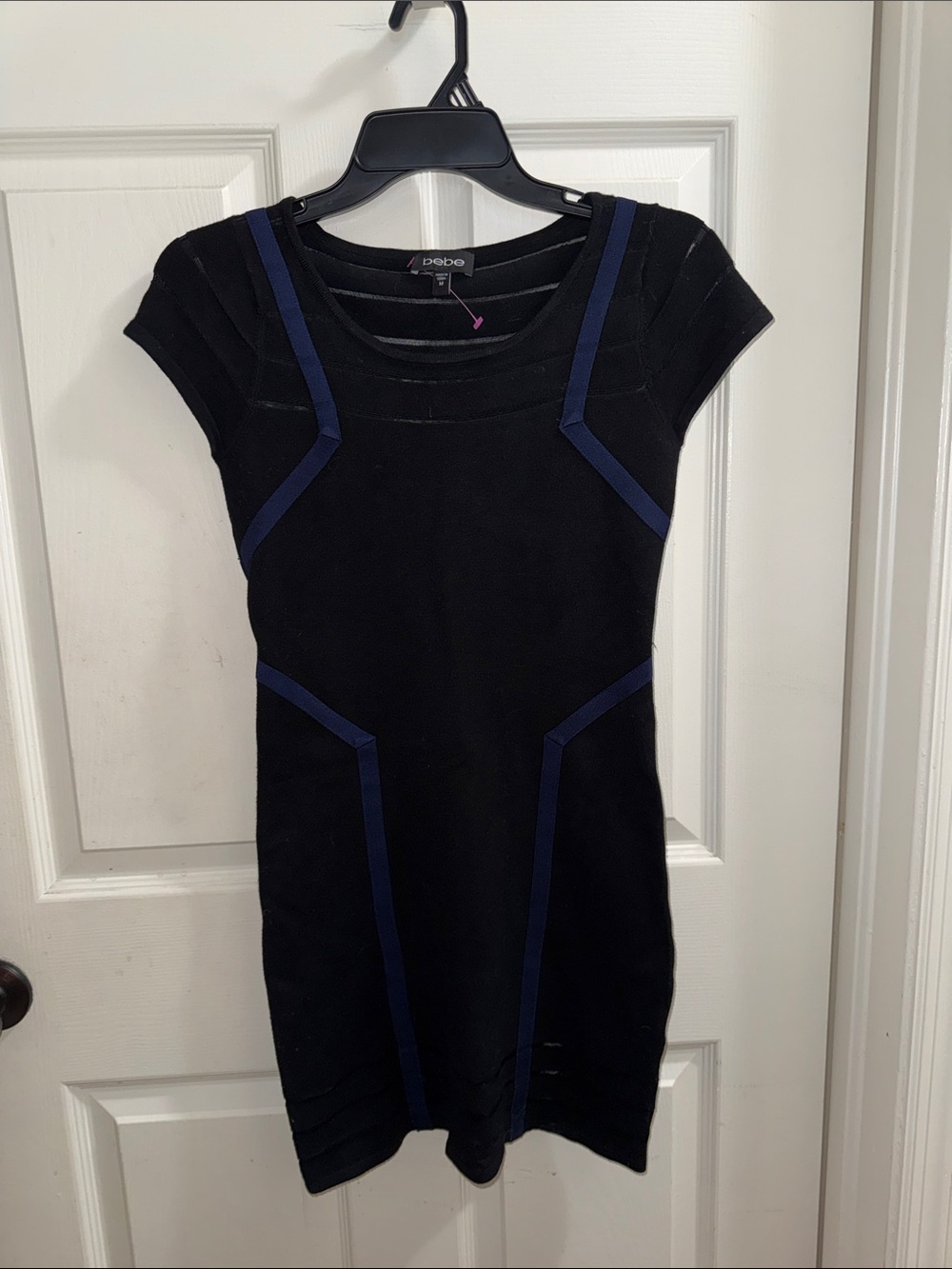 bebe Black and Navy Short Sleeve Bodycon Mini Dress